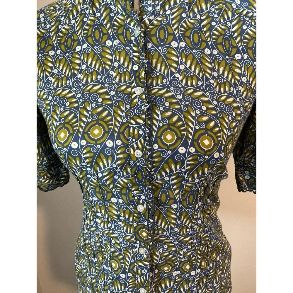 Banana Republic Blue Multi Floral Ruffled Neckline ‎ Pin-tucked Shirt XS